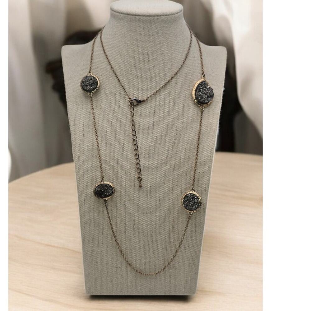 Gray Druzy Quartz Long Necklace Layered Station Chain – Earthy Minimal Statement